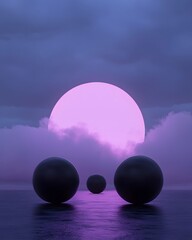 A glowing neon skyline where floating black spheres pulse and collide