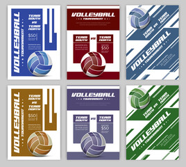 Volleyball tournament posters and flyer with a volleyball ball template Volleyball championship flyer layout design with vector elements award ribbon leaflet laurel wreath leisure games sports match.