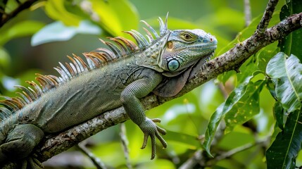 Naklejka premium A green iguana resting on a tree branch in the tropical jungle