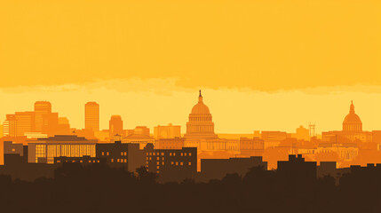 Fototapeta premium A stylized skyline silhouette featuring buildings and domes against a vibrant yellow-orange backdrop.
