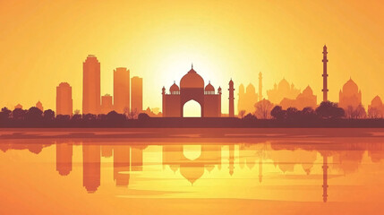 Obraz premium A vibrant sunset silhouette of a city skyline featuring iconic architecture, reflecting beautifully on water.