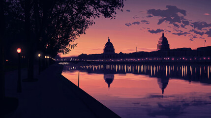 Obraz premium A serene evening scene featuring a river reflecting city buildings under a colorful sky, framed by trees and lights along the shore.