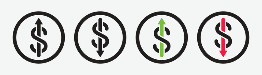 Set of vector dollar icons with arrows pointing up and down. Dollar increase and decrease icon symbol. Vector illustration