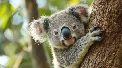 Fototapeta premium A baby koala peeking out from its motherâ€™s pouch, looking around curiously