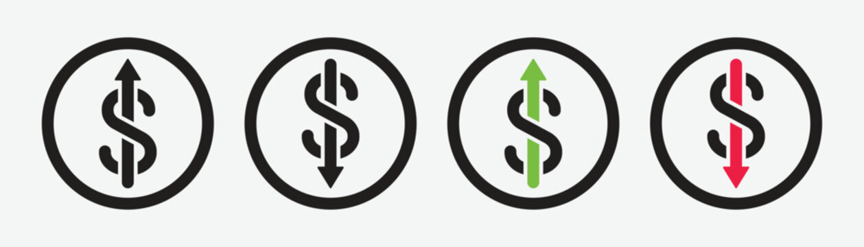 Set of vector dollar icons with arrows pointing up and down. Dollar increase and decrease icon symbol. Vector illustration