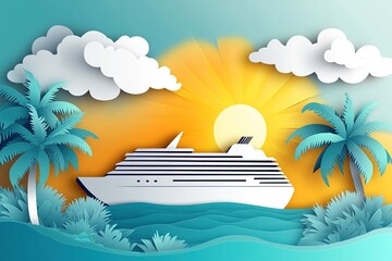 Cruise Ship at Sunset Tropical Vacation Paper Art Illustration