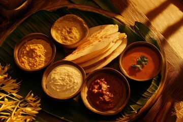 A Close-Up of Traditional Dosa Platter with Coconut Chutney and Sambar Served on a Banana Leaf with Natural Lighting for Authentic Presentation