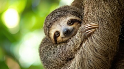A baby sloth clinging to its motherâ€™s fur, looking sleepy