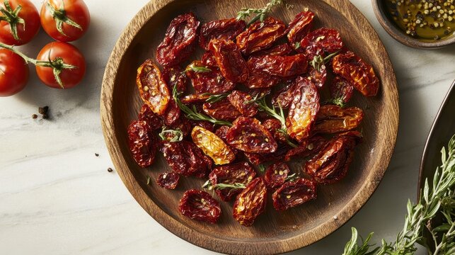A symphony of dried tomatoes, their vibrant red and orange hues arranged on a rustic wooden board, exude culinary allure and inspire the creation of flavorful dishes.
