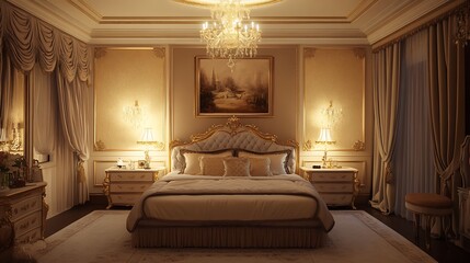 Luxurious Bedroom Interior Featuring Elegant DÃ©cor and Warm Lighting