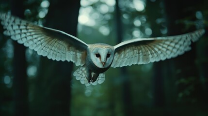 A barn owl flying silently through a dark forest, wings spread wide