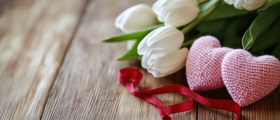 Romantic still life with white tulips, pink knitted hearts, and red ribbon on rustic wooden table Concept of love, Valentines Day, and handmade gifts