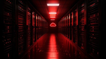 Fototapeta premium A futuristic data center is depicted with a cloud icon above it, and light beams extending to the servers below, illustrating the move from legacy systems to cloud computing