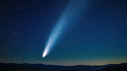 A celestial ballet unfolds, a luminous comet streaks through the velvet expanse of the night sky, its tail a radiant beacon of stardust and light.