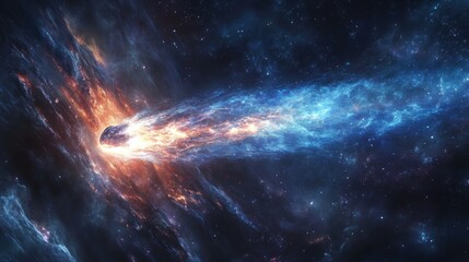 A celestial masterpiece unfolds, as a comet, adorned with a luminous tail that stretches across the inky canvas of the galaxy, illuminates the night, casting a spellbinding glow on the universe.