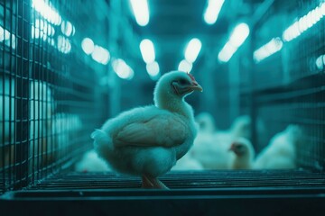 Industrial Poultry Production: Medium Shot of Caged Chickens in a Factory Farm with Rows of Birds Under Harsh Lighting Conditions