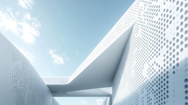 Modern architectural facade, featuring a perforated metal panel design, creating a dynamic and minimalist aesthetic, with a sky-high perspective.
