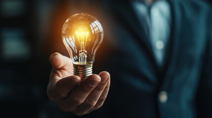 A businessman holding a glowing light bulb, symbolizing a new idea or breakthrough