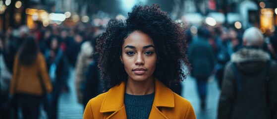 Portrait of a serious African American woman with curly hair in a yellow coat standing in a crowd on a busy city street, capturing urban life and diversity