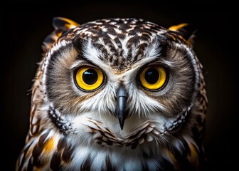Fototapeta premium Close-up Tilt-Shift Owl Portrait: Yellow & White Throat Feathers on Black Background