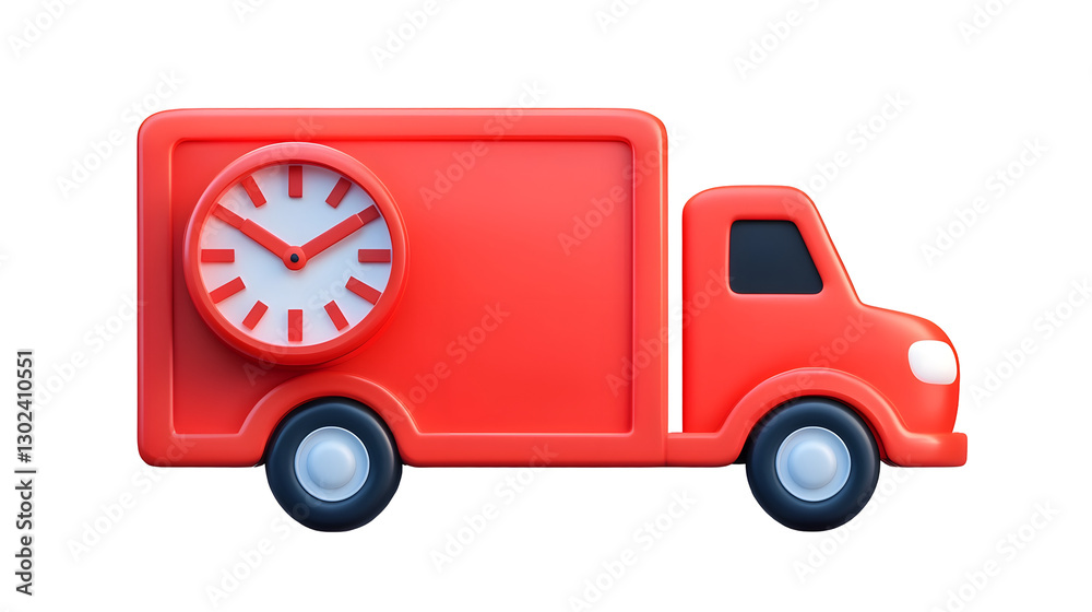 Poster streamlined 3d rendered red delivery truck with oversized clock as front wheel symbolizing time sens