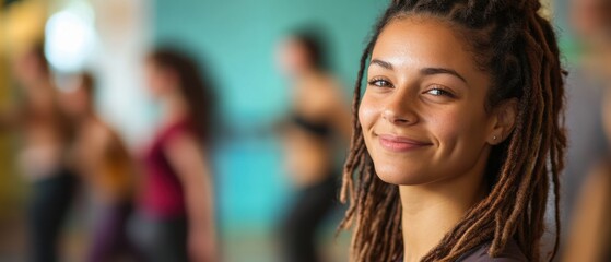 Fototapeta premium Smiling mixed race woman with dreadlocks in fitness studio Portrait of happy adult in workout class, concept of healthy lifestyle and wellbeing