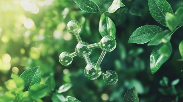 A molecule, in 3D, floats amidst lush green foliage, symbolizing the harmonious relationship between nature and sustainable chemistry. The image represents the development of green chemistry processe