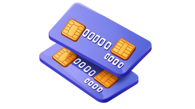 Professional 3D rendered fintech featuring two overlapping blue credit cards with gold embossed numbers a secure chip and a contactless payment feature  The sleek