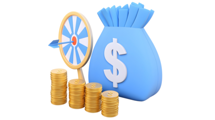 Futuristic 3D Rendered Financial Growth Concept Displaying Shiny Blue Money Bag with Prominent White Dollar Sign Neatly Stacked Gold Coins and Dartboard with Dart Hitting the Center