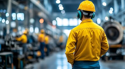 In a factory with ample lighting, industrial workers equipped with helmets and earmuffs stand near loud machinery that is encased by sound barriers
