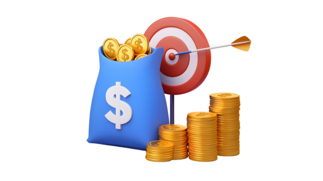 A 3D rendered financial strategy concept featuring a vibrant blue money bag with a white dollar sign a collection of gold coins and a bullseye dartboard with a dart perfectly aimed at the center