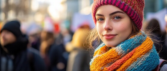 Smiling Caucasian woman wearing colorful knit hat and scarf in a crowd, enjoying a winter day outdoors with a positive mood