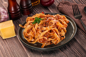 Italian pasta bolognese with beef minced meat