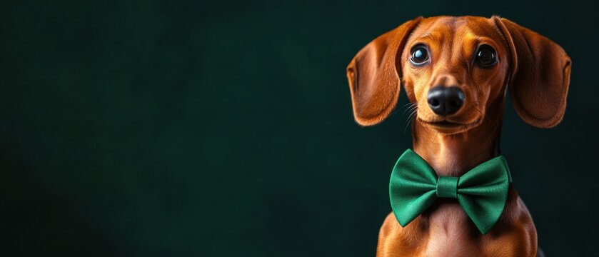 Elegant brown dachshund puppy wearing a green bow tie against a dark green background Concept of pet fashion, canine elegance, and formal dog portrait - Powered by Adobe