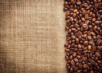 Fototapeta premium Coffee Beans Border on Jute Background - Rustic Coffee Image with Copy Space