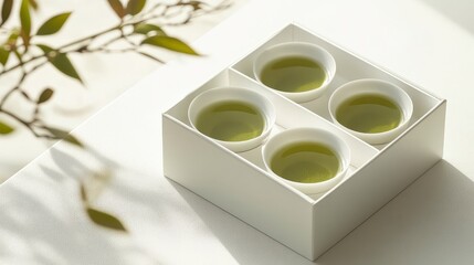 A sleek, green tea set, meticulously packaged in a minimalist white box, rests against a clean, minimalist backdrop, exuding an air of sophistication and tranquility.