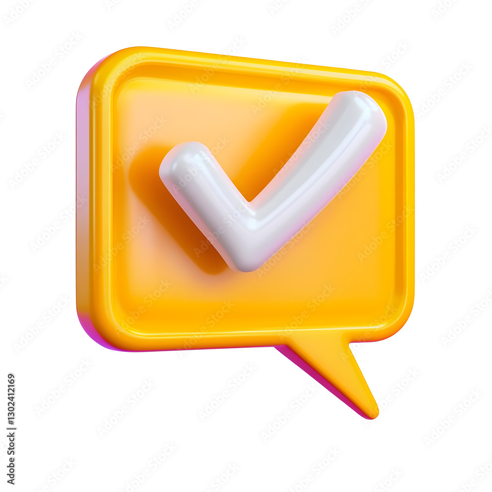 Aufkleber A 3D rendered notification icon in the form of a bright yellow speech bubble with a reflective glossy surface  A large white exclamation mark is placed in the center