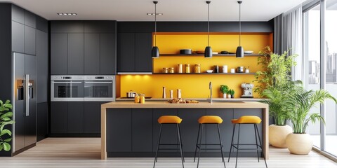 Modern kitchen with yellow wall, black cabinets, and wooden island.