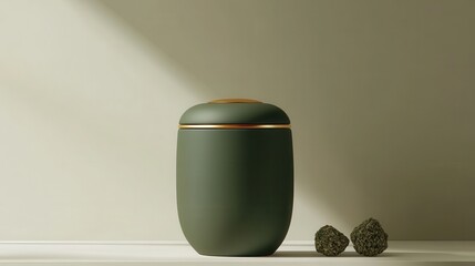 A sleek, matte green yerba mate canister, adorned with gold accents, rests majestically in a minimalist mockup, its minimalist design exuding sophistication and elegance.