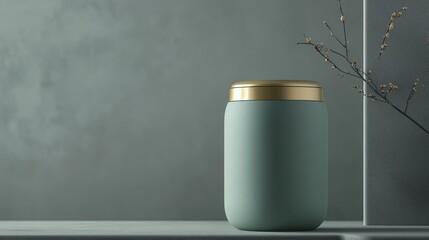 A sleek, matte green yerba mate canister, adorned with gold accents, rests majestically in a minimalist mockup, its minimalist design exuding sophistication and elegance.