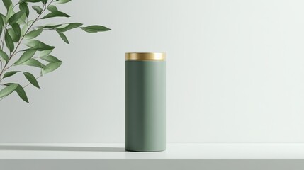 Fototapeta premium A sleek, matte green yerba mate canister, adorned with gold accents, rests majestically in a minimalist mockup, its minimalist design exuding sophistication and elegance.