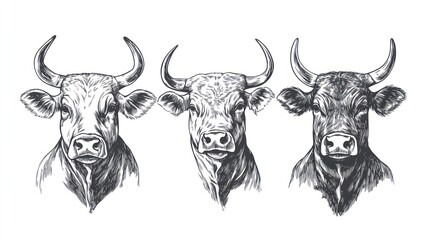 Naklejka premium Vintage black and white illustrations of three cow heads, showcasing different color variations.