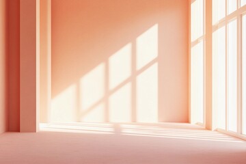 Fototapeta premium Sunlight Casting Soft Shadows in a Peach-Hued Room With Minimal Decor. Generative AI