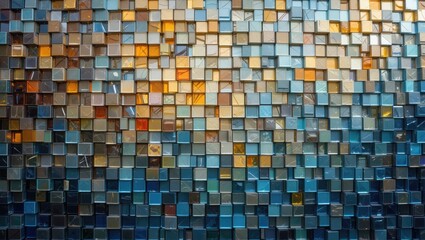Fototapeta premium Geometric Abstract Wall Art Featuring Shiny Square Tiles in Blue and Orange Color Palette