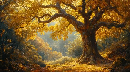 Majestic golden autumn tree in a mystical forest.