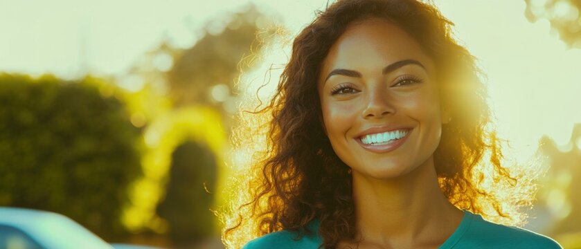 Smiling biracial woman with curly hair enjoying golden hour sunlight outdoors Portrait of a happy, confident young adult with a radiant smile and healthy lifestyle