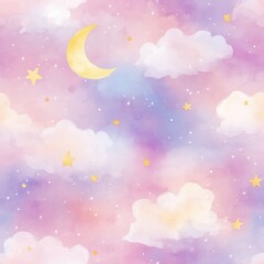 Fototapeta premium Dreamy night sky with pastel clouds crescent moon and stars creating a serene and whimsical atmosphere
