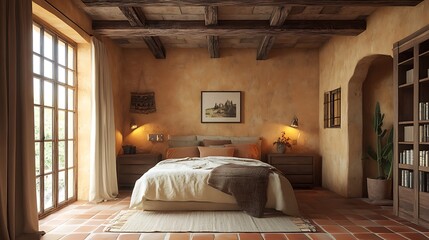 Obraz premium Inviting Rustic Bedroom Interior Design with Warm Tones and Natural Light
