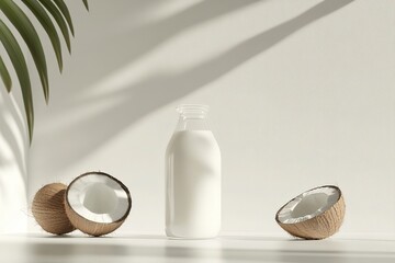 Fototapeta premium Creamy Coconut Milk in Glass Bottle, Minimalist Product Mockup