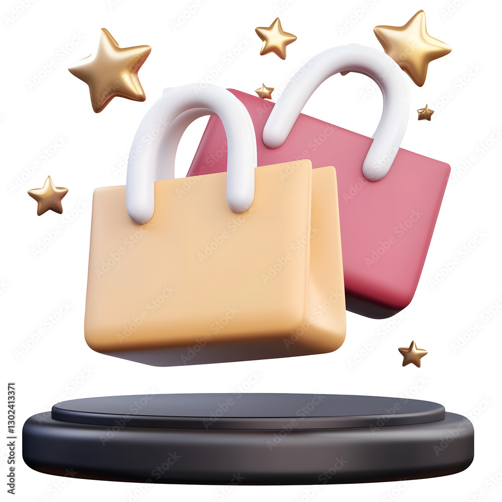 Poster A playful and modern 3D rendered visual of two floating shopping bags designed in an eye catching pink and yellow color scheme with glossy textures  White rounded handles add a stylish touch